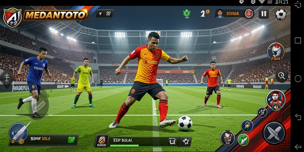Tangkapan layar gameplay menampilkan aksi seru di lapangan sepak bola.