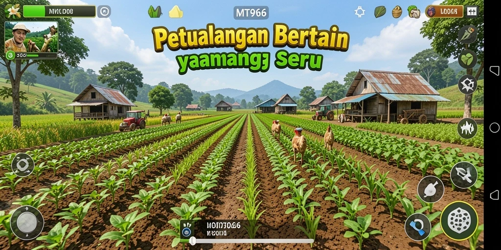 Screenshot MT966 menunjukkan pemain memanen hasil pertanian dengan gembira.
