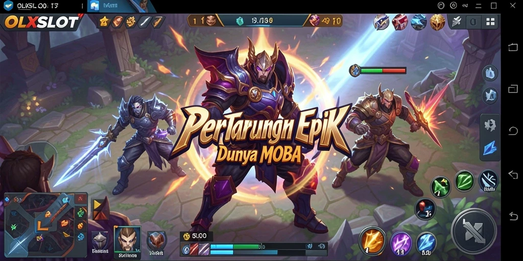 Screenshot utama OLXSLOT menampilkan aksi pertempuran seru di arena MOBA.