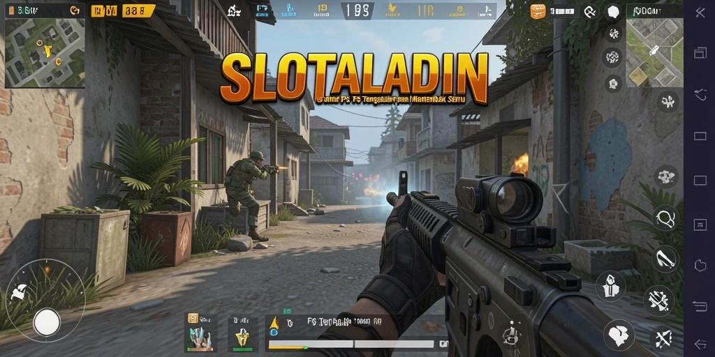 Screenshot utama SLOTALADIN menunjukkan aksi seru dalam pertempuran FPS.